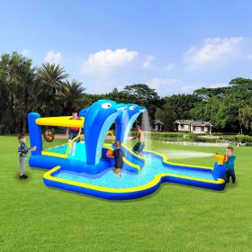 6 in1 Inflatable slide water park trampoline bouncing house outdoor garden with Dolphin sprinkler & Target games & Water gun & Basketball
