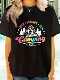 Fires Friends Fun Camping Crew Summer Camp Campfire Vacation Print Women'S T-shirt, Crew Neck Short Sleeve T-Shirt, All-Season Comfort Top T-shir (Color: Black, size: XXL)